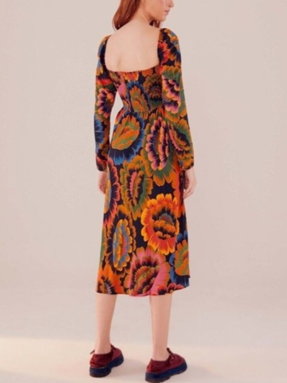 NEW FARM Rio Colorful Flowers Square-Neck Smocked Back Midi Dress Size XS - Picture 2 of 16